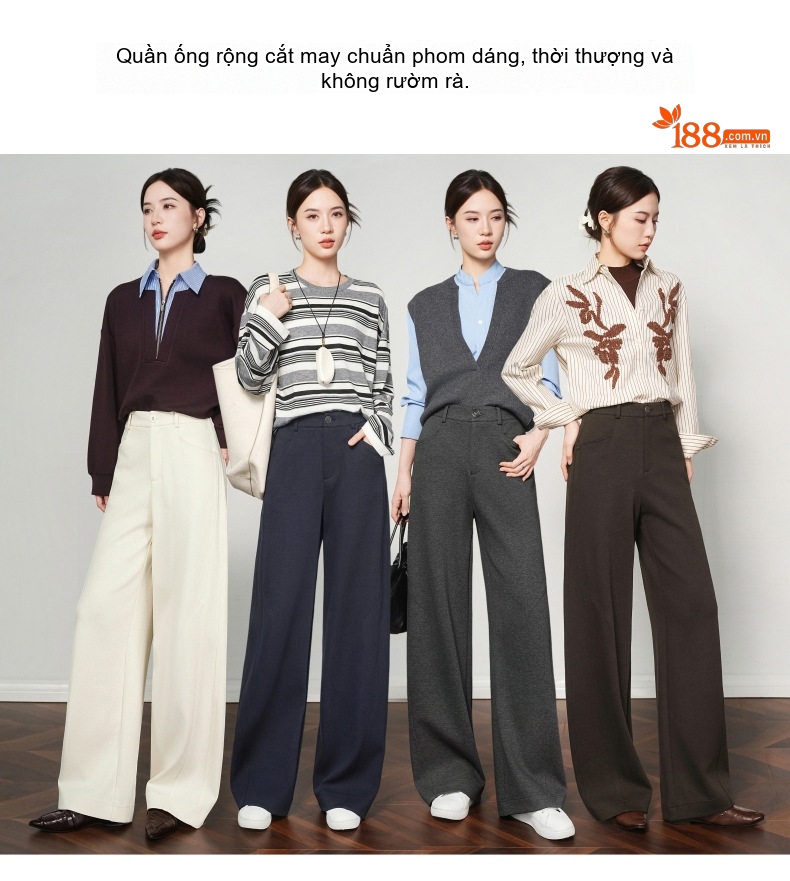 Quần Dài Ống Rộng Nữ Lông Cừu Thu Đông Dáng Suông Màu Trắng Kem, Xanh Navy, Xám, Nâu chi tiết 2