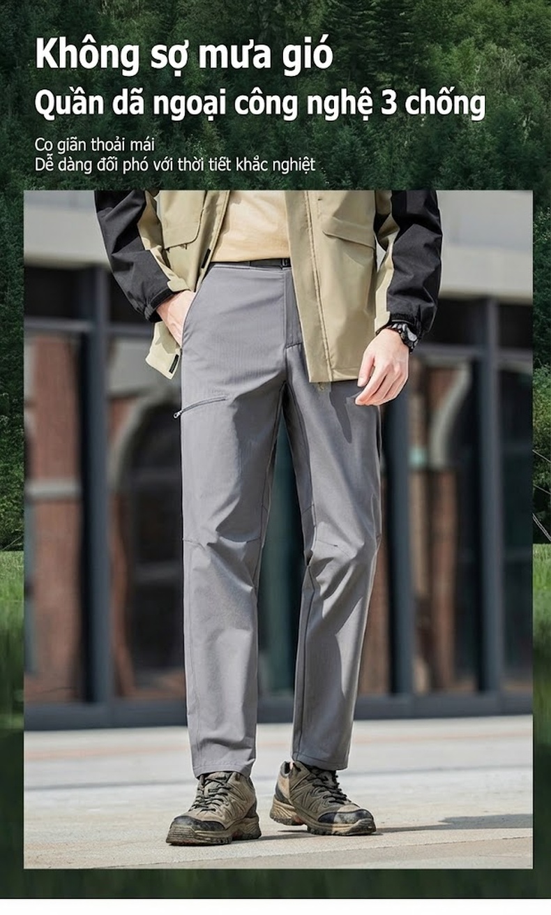 Quần Dài Thể Thao Leo Núi Nam Nữ Vải Softshell Co Giãn Chống Gió Chống Thấm Thoáng Khí Màu Đen, Kem, Xám, Xanh Navy... chi tiết 2