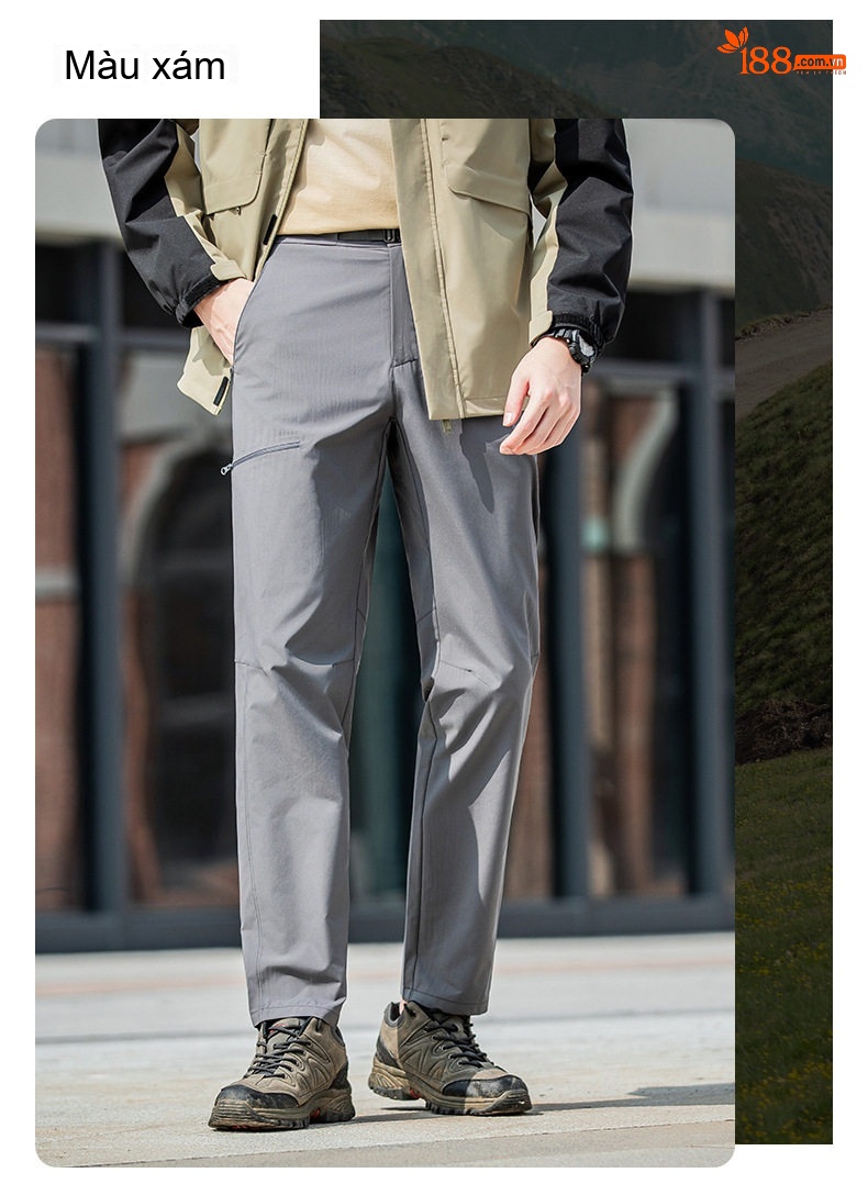 Quần Dài Thể Thao Leo Núi Nam Nữ Vải Softshell Co Giãn Chống Gió Chống Thấm Thoáng Khí Màu Đen, Kem, Xám, Xanh Navy... chi tiết 16