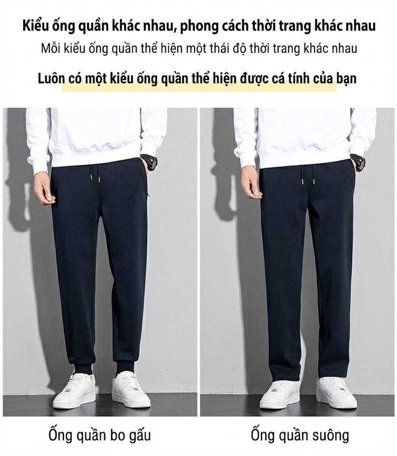 Quần dài thể thao nam cotton ống suông bo gấu chi tiết 2