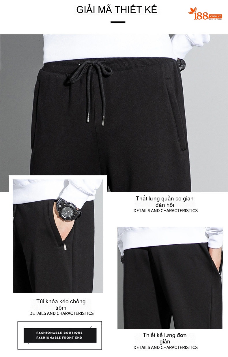 Quần dài thể thao nam cotton ống suông bo gấu chi tiết 3