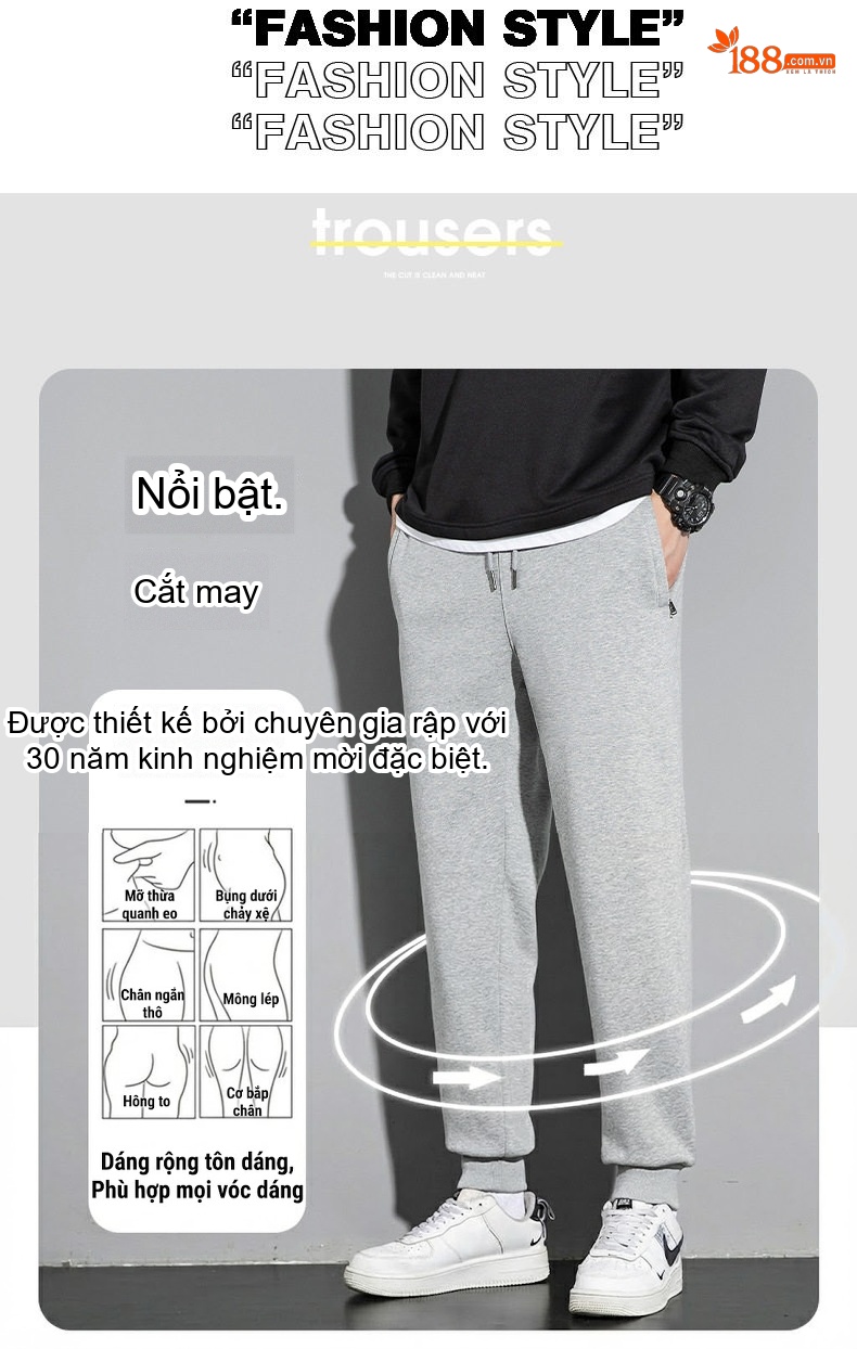 Quần dài thể thao nam cotton ống suông bo gấu chi tiết 1