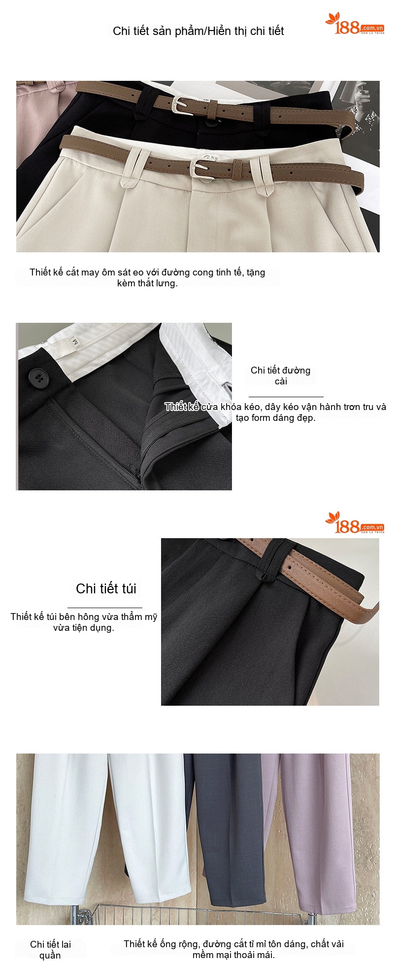 Quần Haralen Nữ Ống Suông Rộng Cạp Cao Phong Cách Hàn Quốc Màu Đen, Tím, Kem chi tiết 4