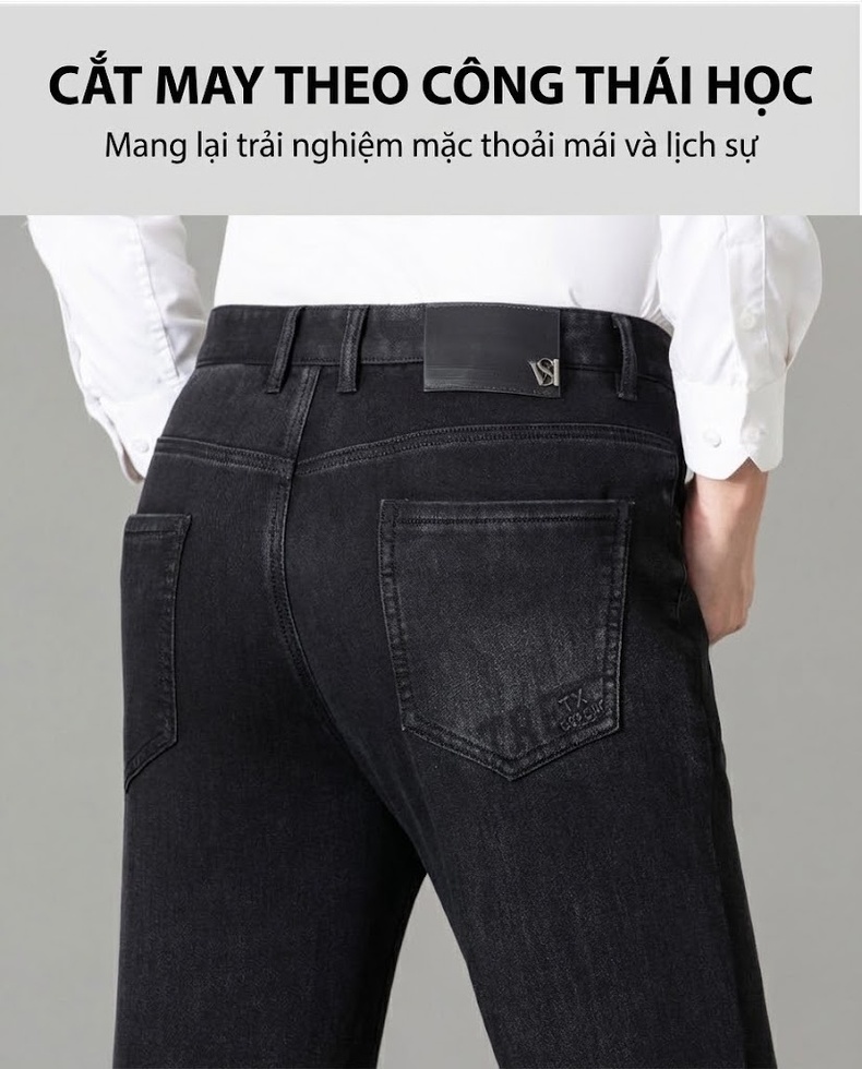 Quần Jean Dài Nam Cotton Lông Dài Dáng Suông Rộng Thoải Mái Chống Mài Mòn Màu Đen chi tiết 8