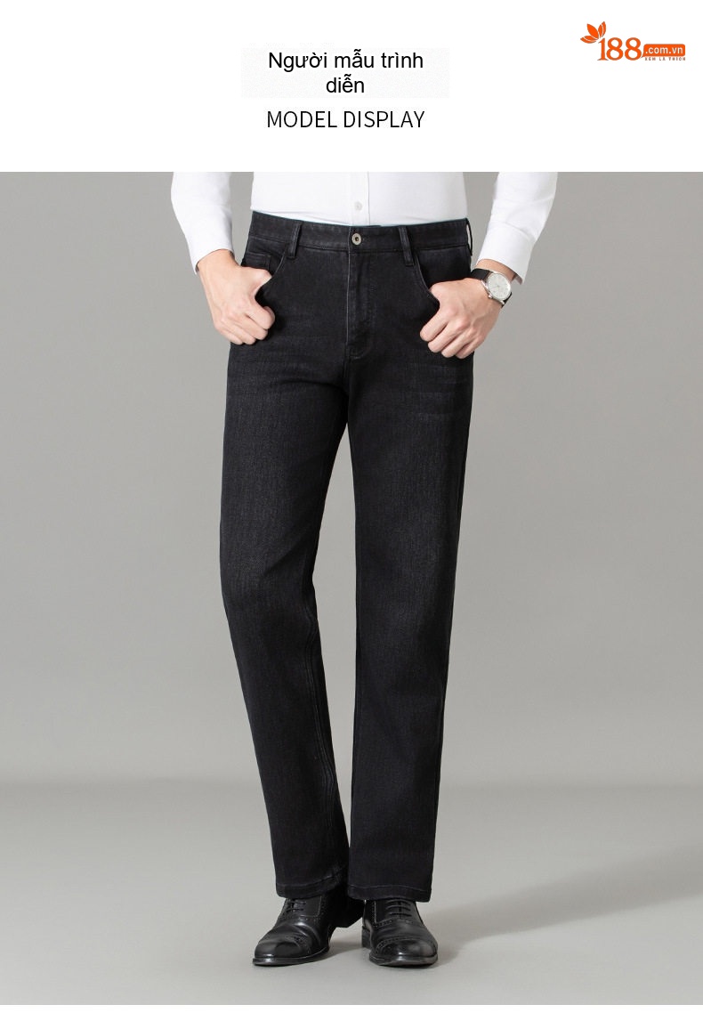 Quần Jean Dài Nam Cotton Lông Dài Dáng Suông Rộng Thoải Mái Chống Mài Mòn Màu Đen chi tiết 11