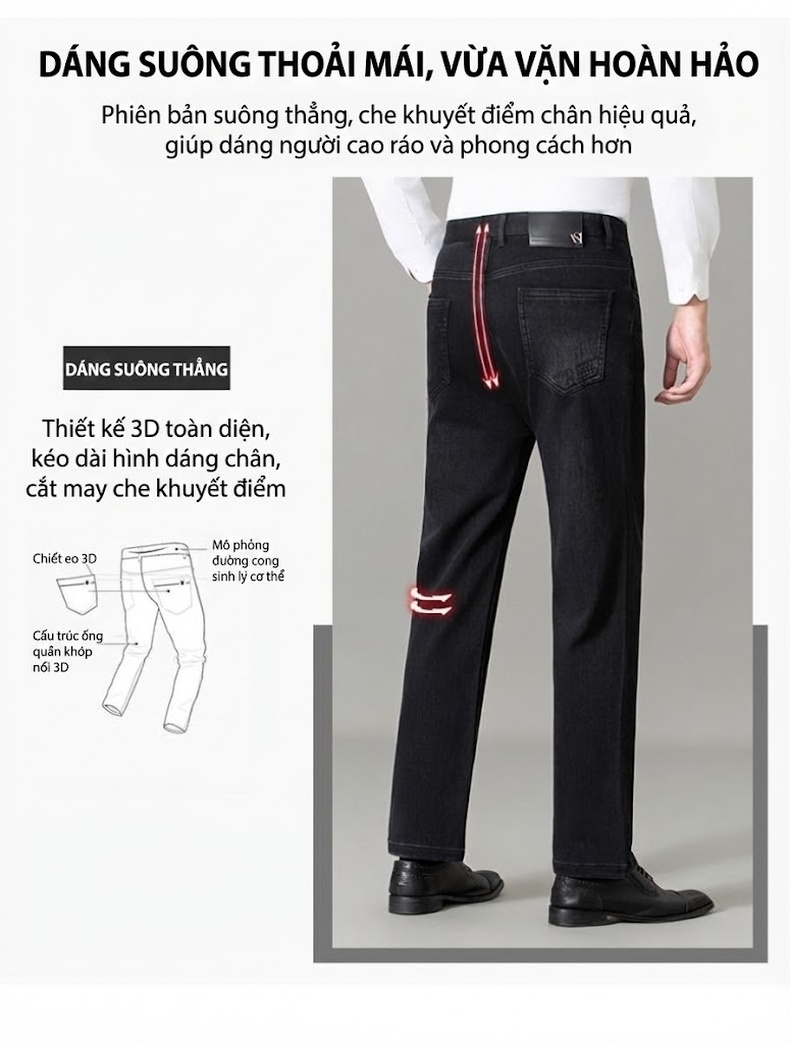 Quần Jean Dài Nam Cotton Lông Dài Dáng Suông Rộng Thoải Mái Chống Mài Mòn Màu Đen chi tiết 5
