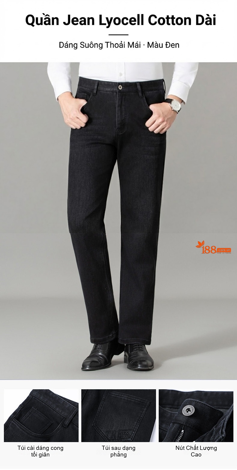 Quần Jean Dài Nam Cotton Lông Dài Dáng Suông Rộng Thoải Mái Chống Mài Mòn Màu Đen chi tiết 1