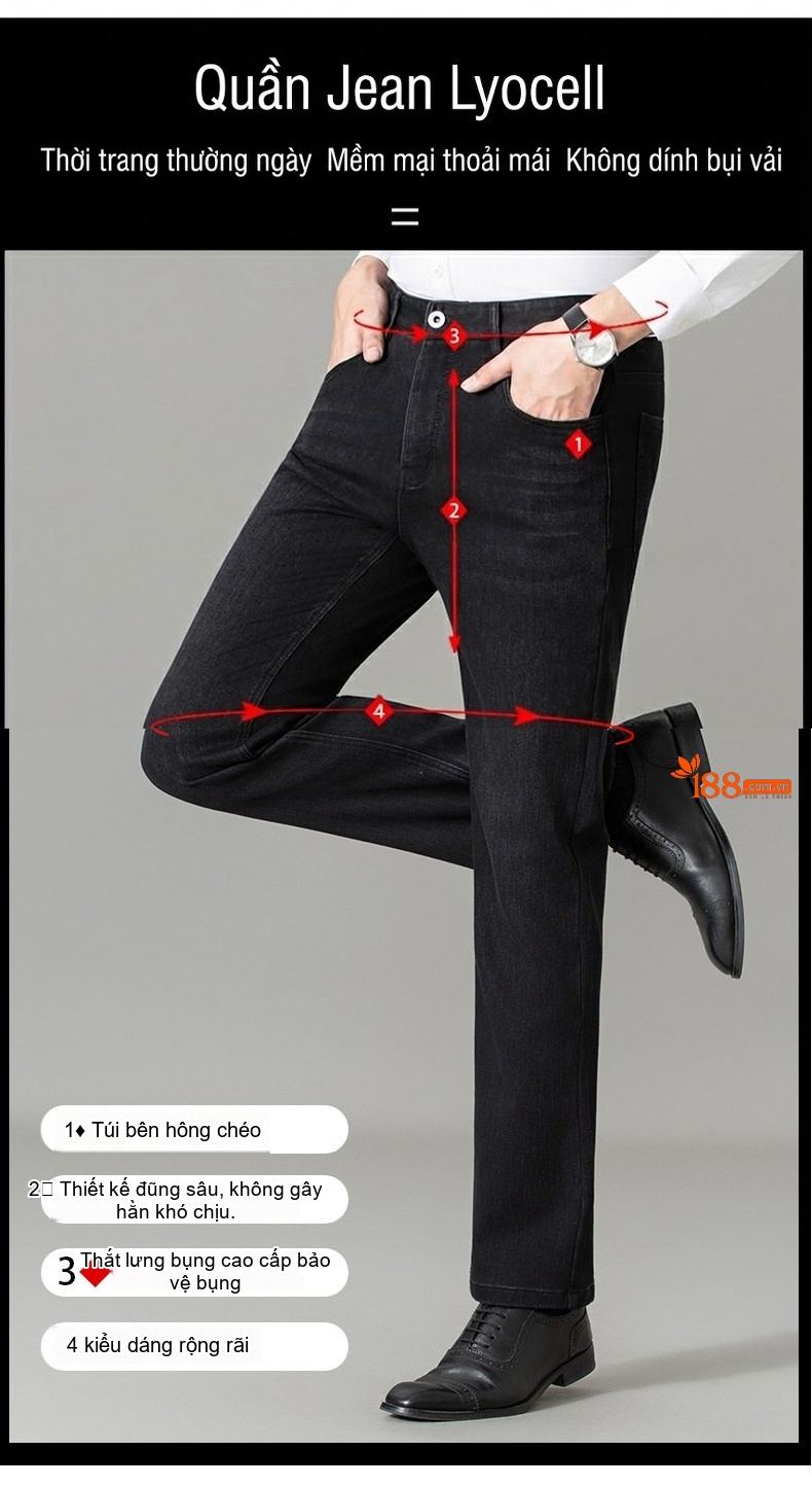 Quần Jean Dài Nam Cotton Lông Dài Dáng Suông Rộng Thoải Mái Chống Mài Mòn Màu Đen chi tiết 3