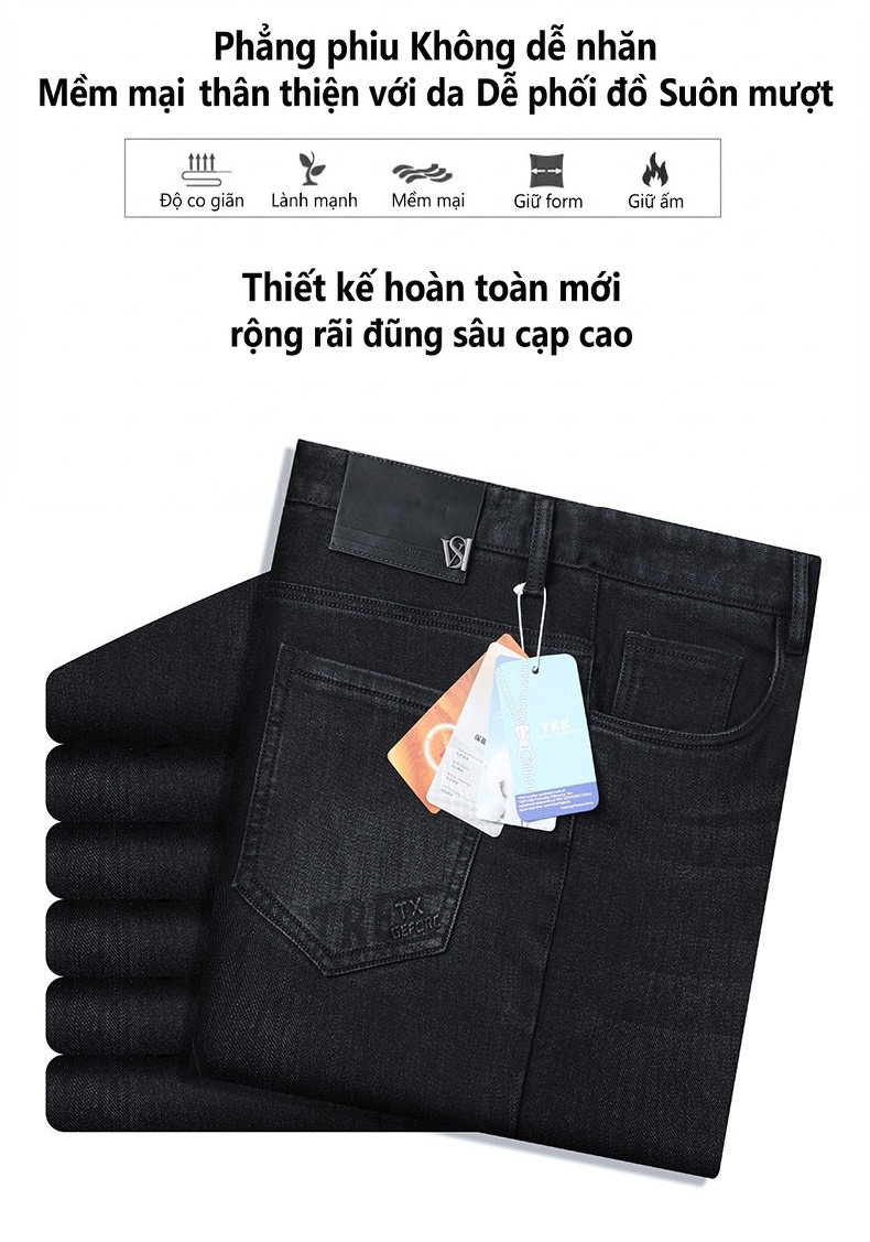 Quần Jean Dài Nam Cotton Lông Dài Dáng Suông Rộng Thoải Mái Chống Mài Mòn Màu Đen chi tiết 4