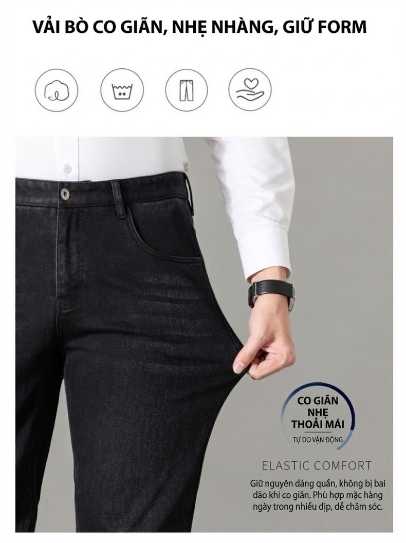 Quần Jean Dài Nam Cotton Lông Dài Dáng Suông Rộng Thoải Mái Chống Mài Mòn Màu Đen chi tiết 6