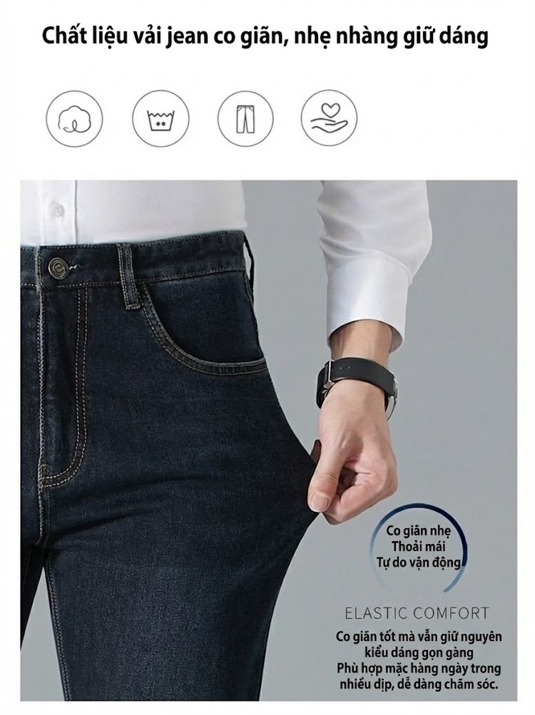 Quần Jean Nam Cotton Co Giãn Dáng Suông Thanh Lịch Màu Xanh Đen chi tiết 3