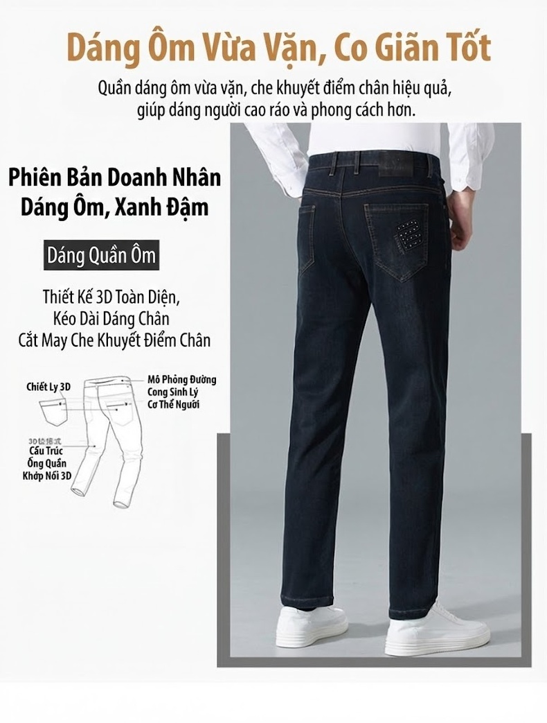 Quần Jean Nam Cotton Co Giãn Dáng Suông Thanh Lịch Màu Xanh Đen chi tiết 17