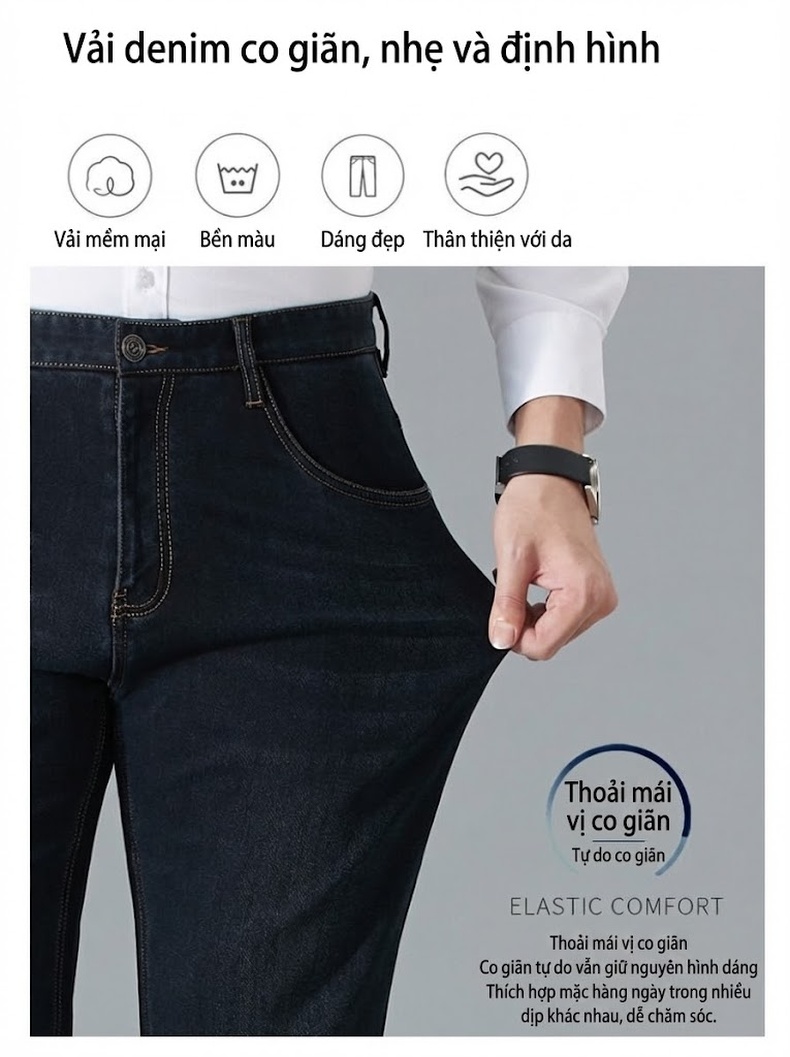 Quần Jean Nam Cotton Co Giãn Dáng Suông Thanh Lịch Màu Xanh Đen chi tiết 18