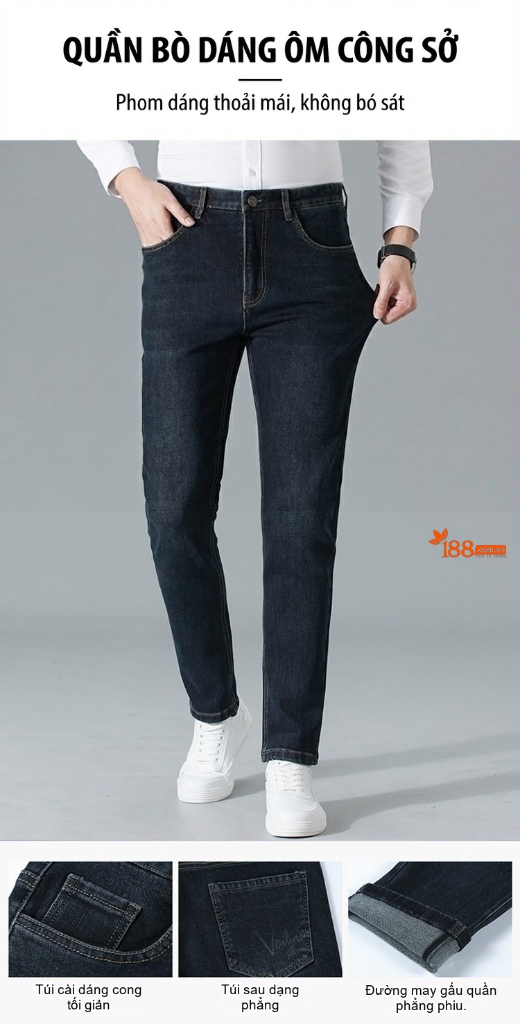 Quần Jean Nam Cotton Co Giãn Dáng Suông Thanh Lịch Màu Xanh Đen chi tiết 1