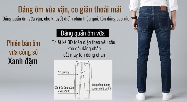 Quần Jean Nam Cotton Co Giãn Dáng Suông Thanh Lịch Màu Xanh Đen chi tiết 2