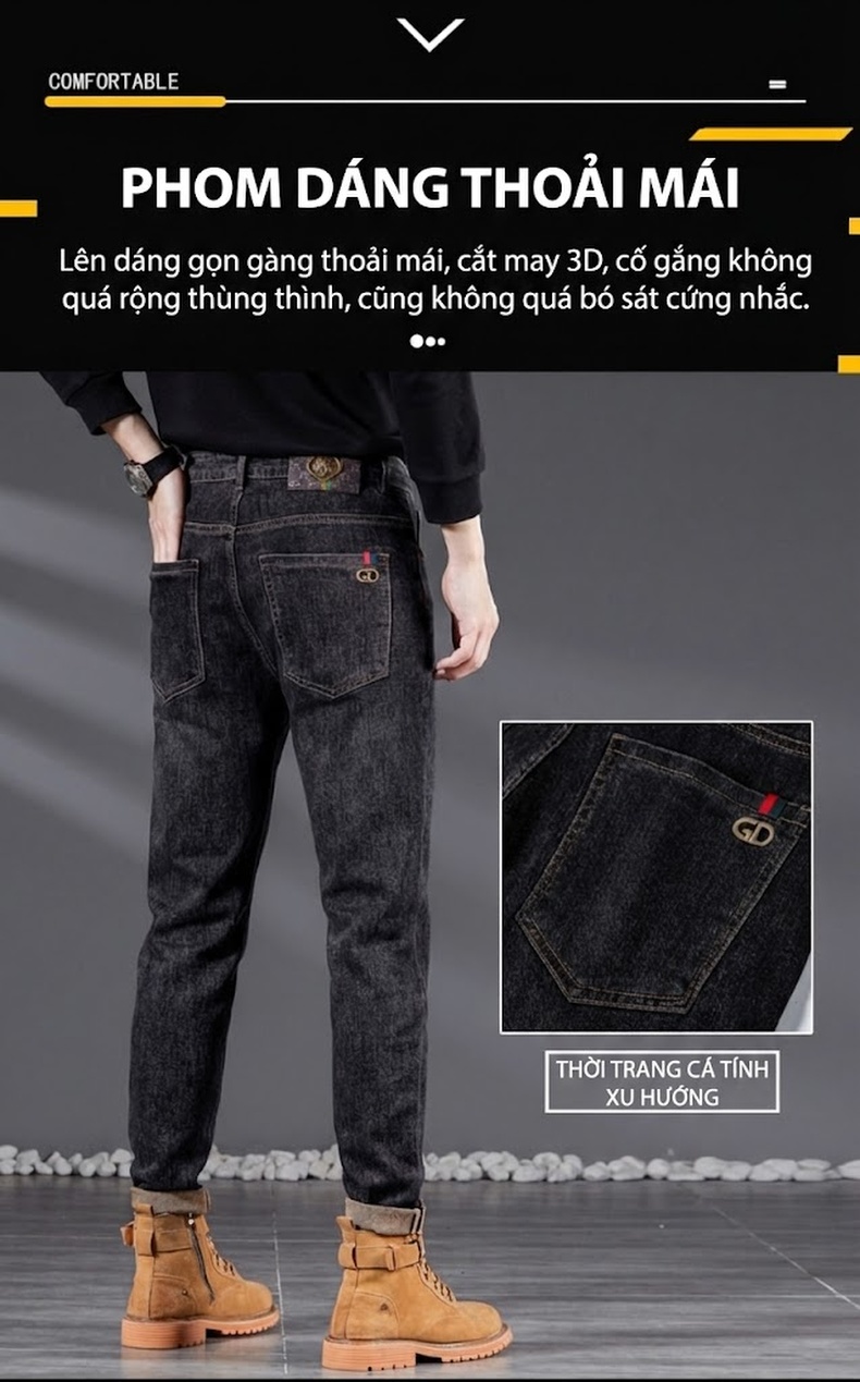 Quần Jean Nam Dáng Ôm Vừa Co Giãn Màu Đen, Xám chi tiết 2