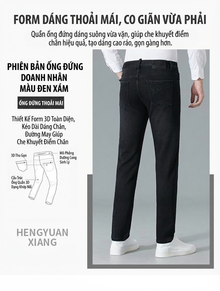 Quần Jean Nam Dáng Ôm Vừa Vặn Dày Dặn Chống Mài Mòn Màu Đen chi tiết 3