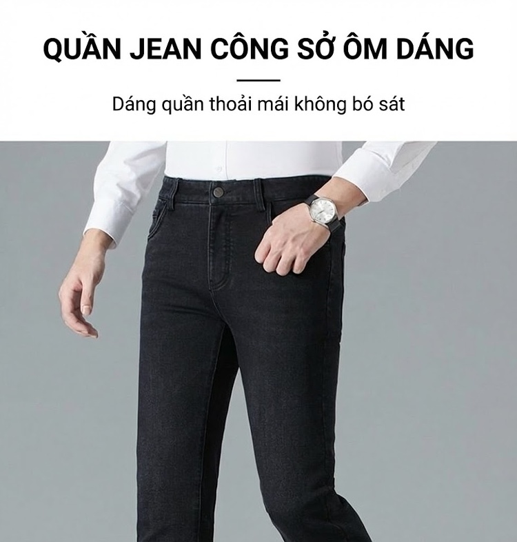 Quần Jean Nam Dáng Ôm Vừa Vặn Dày Dặn Chống Mài Mòn Màu Đen chi tiết 1