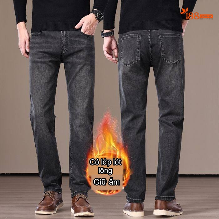 Quần Jean Nam Ống Đứng Co Giãn Lót Lông Cừu Dày Dặn Cao Cấp Màu Xám Đen
