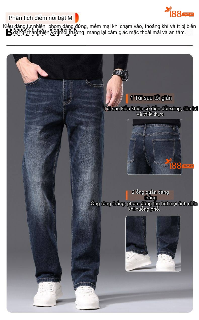 Quần Jean Nam Ống Đứng Co Giãn Thoải Mái Màu Xanh Navy chi tiết 3