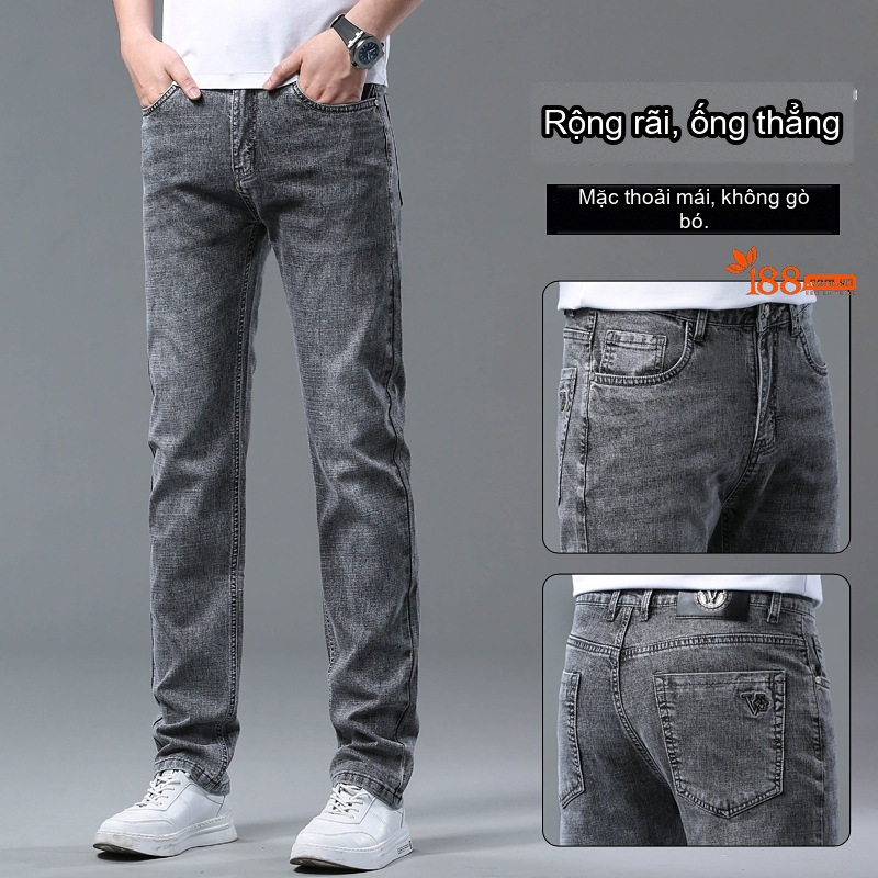 Quần Jean Nam Ống Đứng Dáng Rộng Co Giãn Nhẹ Phong Cách Casual Màu Xanh, Xám