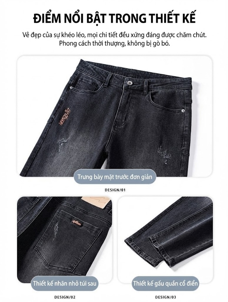 Quần Jean Nam Ống Đứng Slimfit Cotton Màu Đen chi tiết 5
