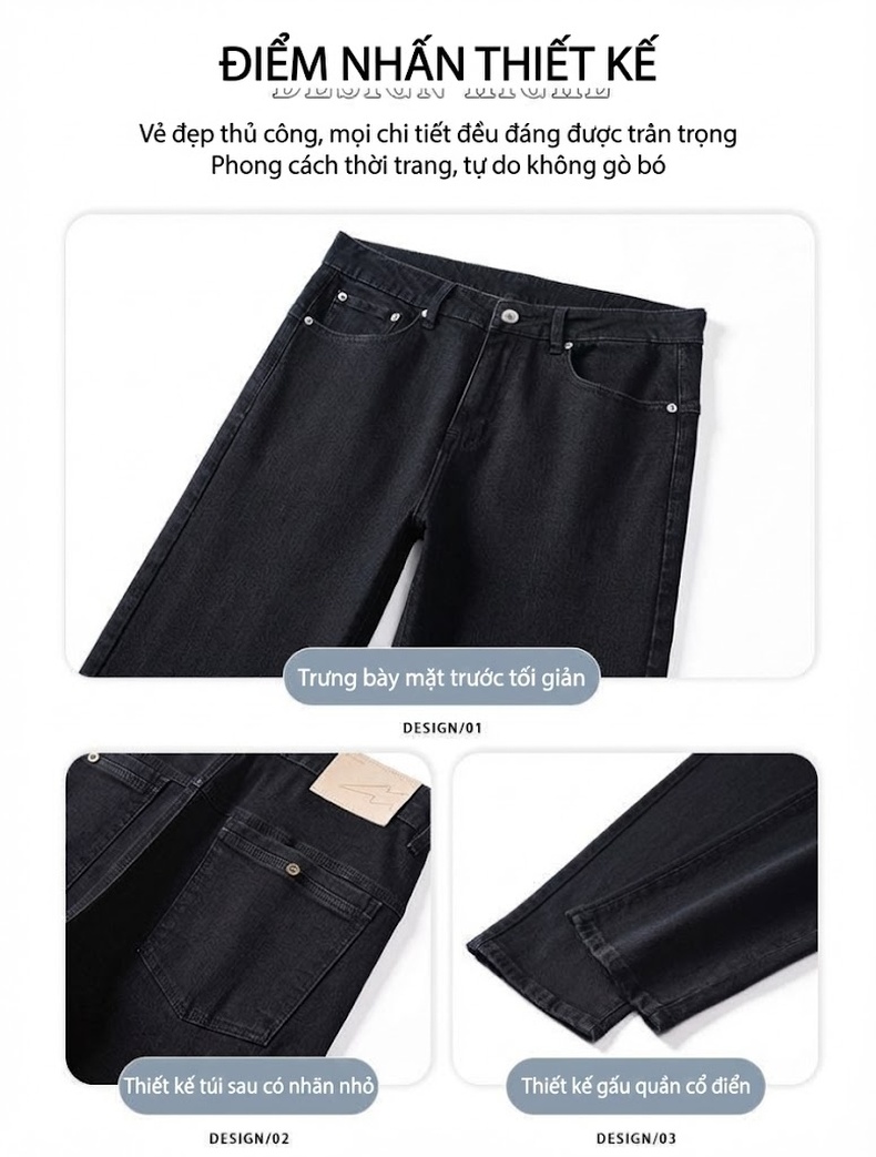 Quần Jean Nam Ống Đứng Slimfit Cotton Màu Đen chi tiết 16