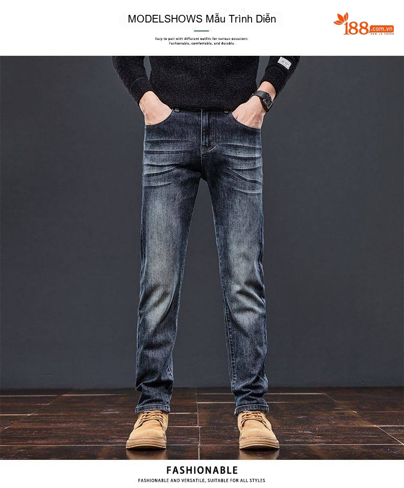 Quần Jean Nam Ống Đứng Slimfit Cotton Màu Đen chi tiết 24