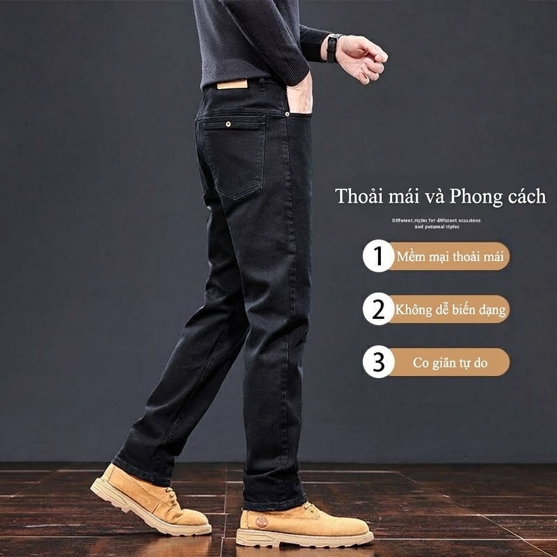 Quần Jean Nam Ống Đứng Slimfit Cotton Màu Đen
