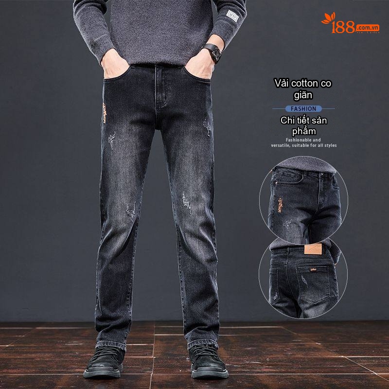 Quần Jean Nam Ống Đứng Slimfit Cotton Màu Đen
