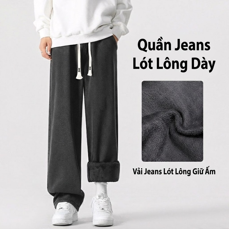Quần Jean Nam Ống Rộng Lót Lông Dáng Suông Dài Màu Xanh, Đen
