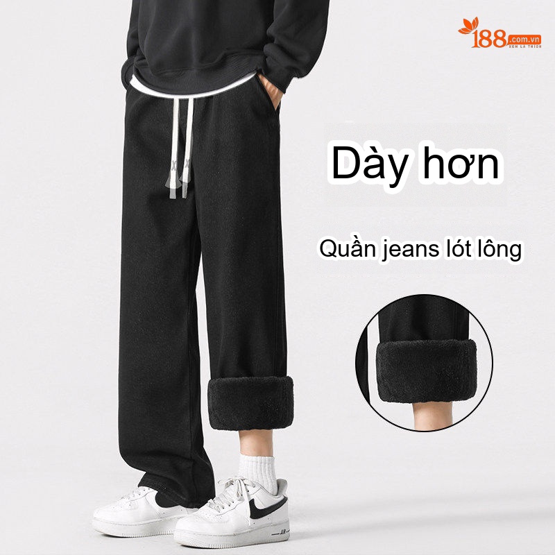 Quần Jean Nam Ống Rộng Lót Lông Dáng Suông Dài Màu Xanh, Đen