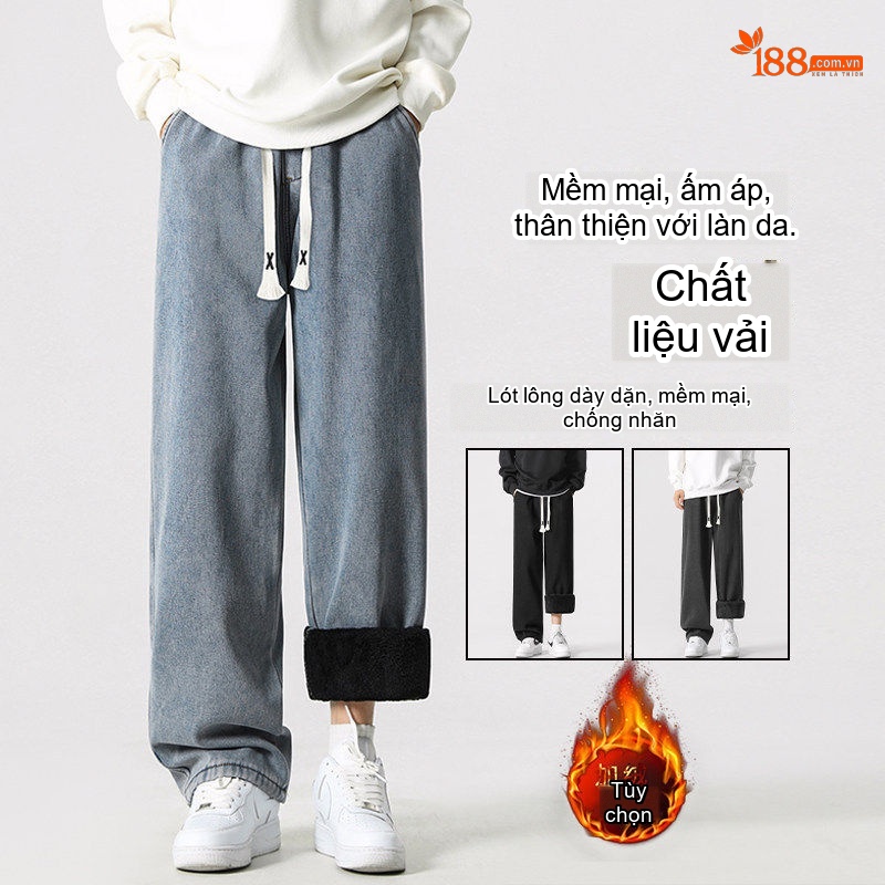 Quần Jean Nam Ống Rộng Lót Lông Dáng Suông Dài Màu Xanh, Đen