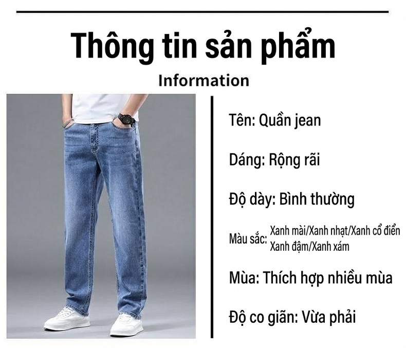 Quần Jean Nam Ống Suông Rộng Co Giãn Thoải Mái Cao Cấp Màu Xanh Dương, Xanh Nhạt chi tiết 9