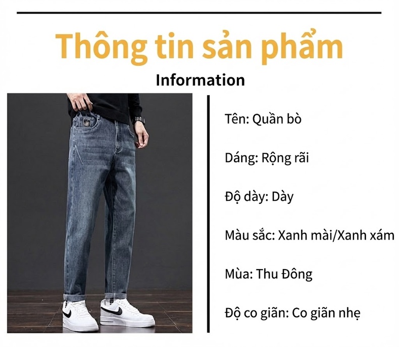 Quần Jean Nam Ống Suông Rộng Dài Phong Cách Casual Màu Xanh chi tiết 8