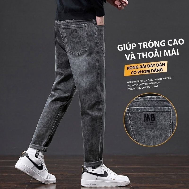 Quần Jean Nam Ống Suông Rộng Dài Phong Cách Casual Màu Xanh