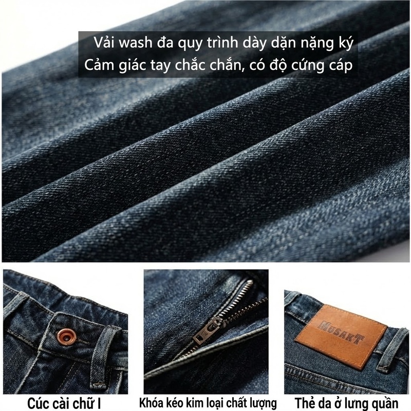 Quần Jean Nam Ống Suông Rộng Dáng Retro Phong Cách Mỹ Co Giãn Thoải Mái Màu Xanh Đen