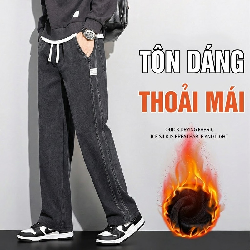 Quần Jean Ống Rộng Nam Dáng Suông Thu Đông Co Giãn Thoải Mái Màu Xám Đen