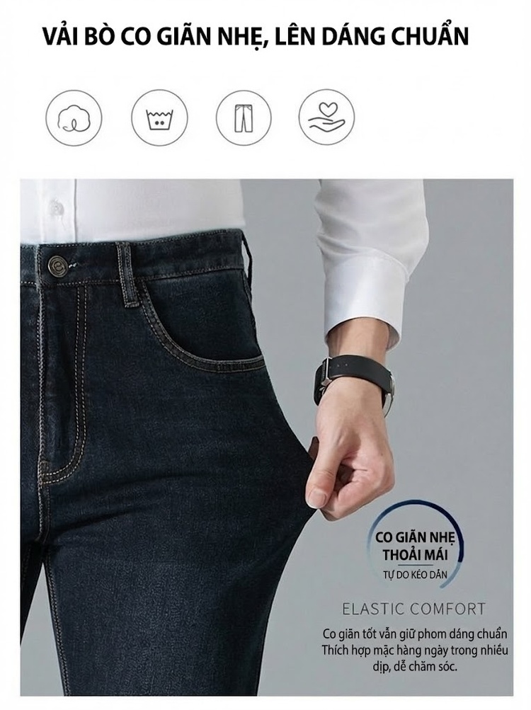 Quần Jeans Cotton Dáng Suông Co Giãn Thoải Mái Cho Nam Trung Niên Màu Xanh Đen chi tiết 4