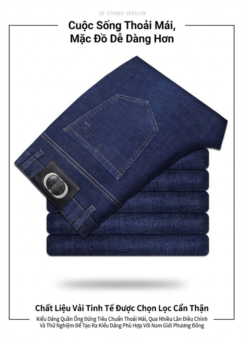 Quần Jeans Nam Cotton Dáng Suông Vừa Vặn Thoải Mái Chống Nhăn Màu Xanh Navy chi tiết 4