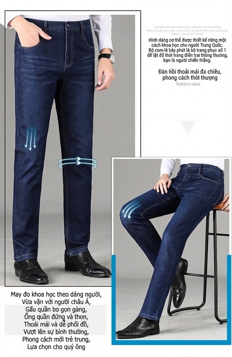 Quần Jeans Nam Cotton Dáng Suông Vừa Vặn Thoải Mái Chống Nhăn Màu Xanh Navy chi tiết 5