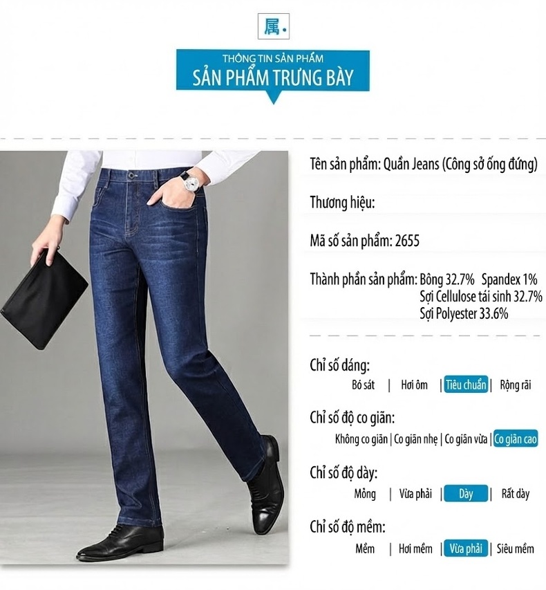 Quần Jeans Nam Cotton Dáng Suông Vừa Vặn Thoải Mái Chống Nhăn Màu Xanh Navy chi tiết 8