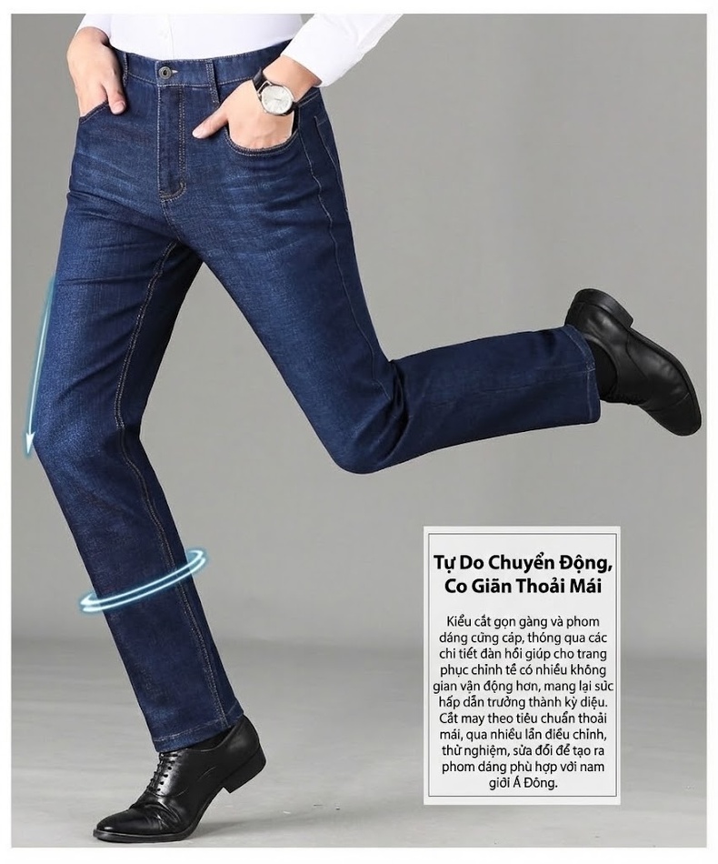 Quần Jeans Nam Cotton Dáng Suông Vừa Vặn Thoải Mái Chống Nhăn Màu Xanh Navy chi tiết 12