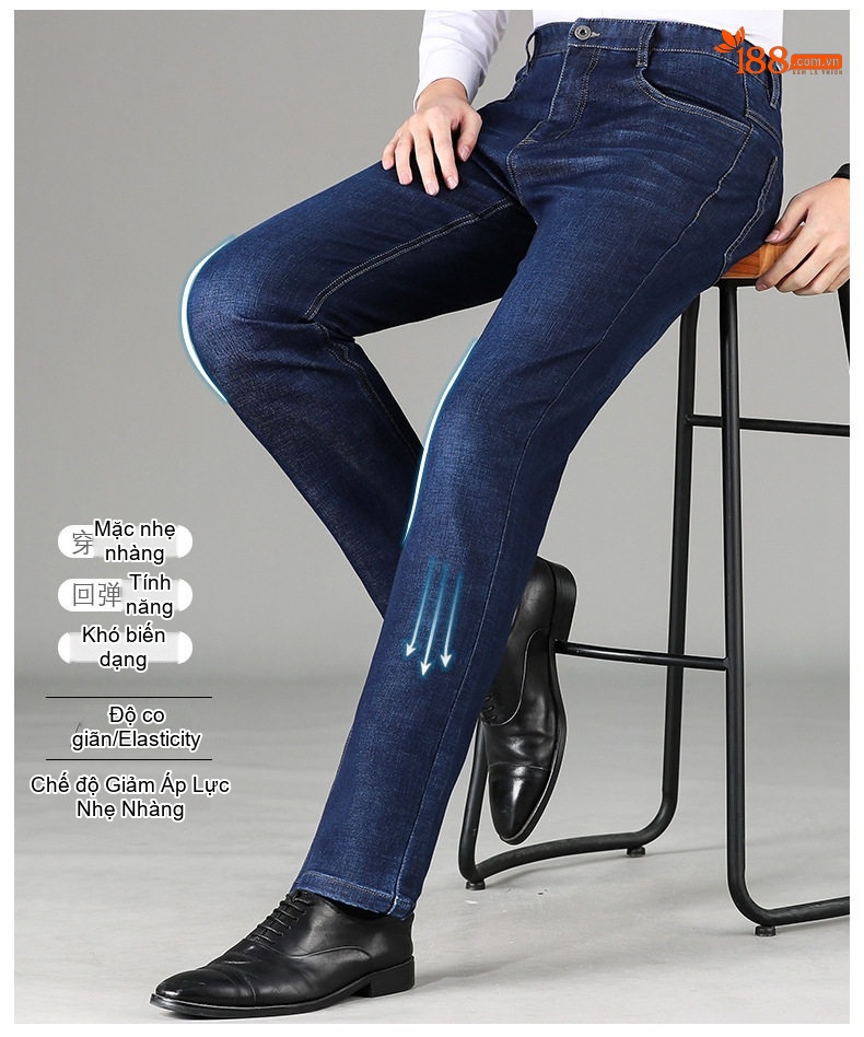 Quần Jeans Nam Cotton Dáng Suông Vừa Vặn Thoải Mái Chống Nhăn Màu Xanh Navy chi tiết 14