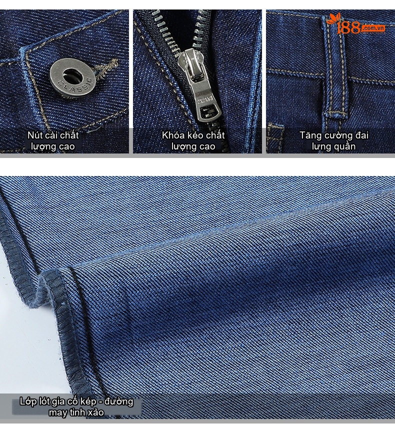 Quần Jeans Nam Cotton Dáng Suông Vừa Vặn Thoải Mái Chống Nhăn Màu Xanh Navy chi tiết 18