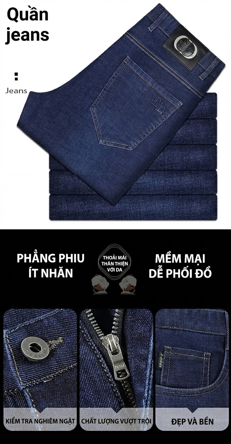 Quần Jeans Nam Cotton Dáng Suông Vừa Vặn Thoải Mái Chống Nhăn Màu Xanh Navy chi tiết 1