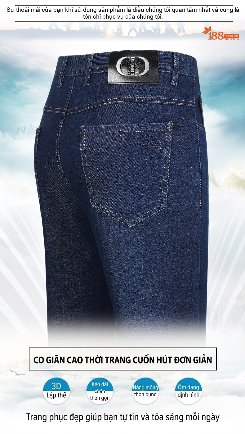 Quần Jeans Nam Cotton Dáng Suông Vừa Vặn Thoải Mái Chống Nhăn Màu Xanh Navy chi tiết 3