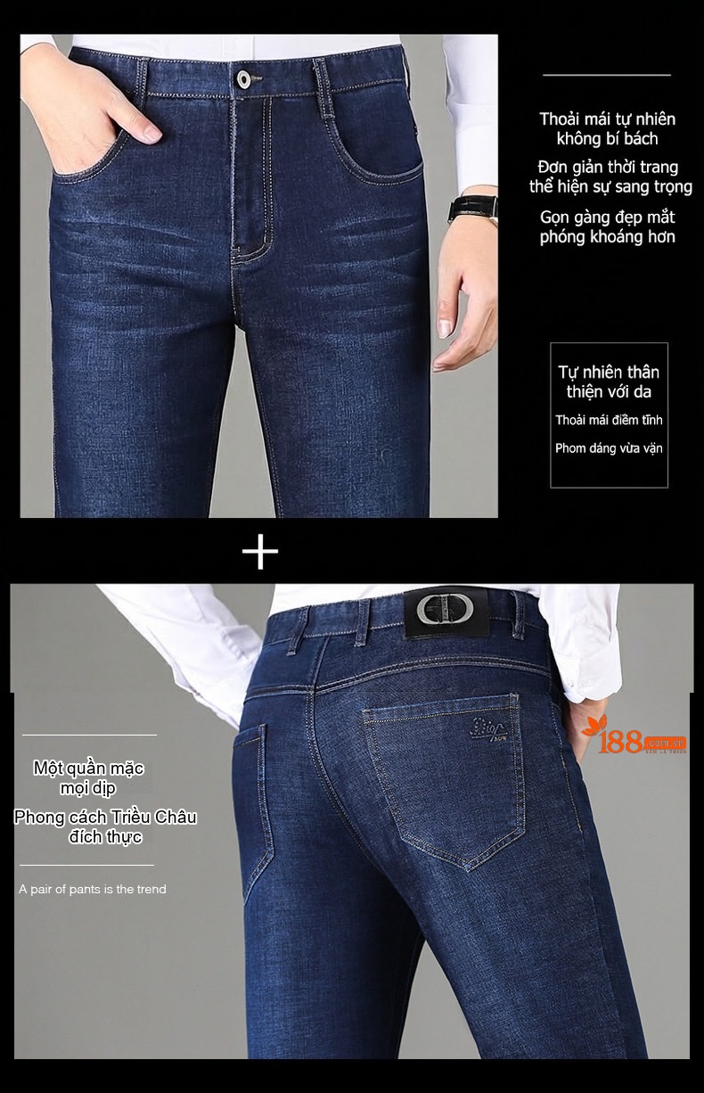 Quần Jeans Nam Cotton Dáng Suông Vừa Vặn Thoải Mái Chống Nhăn Màu Xanh Navy chi tiết 7