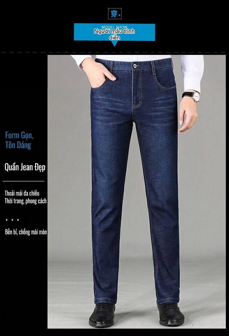 Quần Jeans Nam Cotton Dáng Suông Vừa Vặn Thoải Mái Chống Nhăn Màu Xanh Navy chi tiết 11