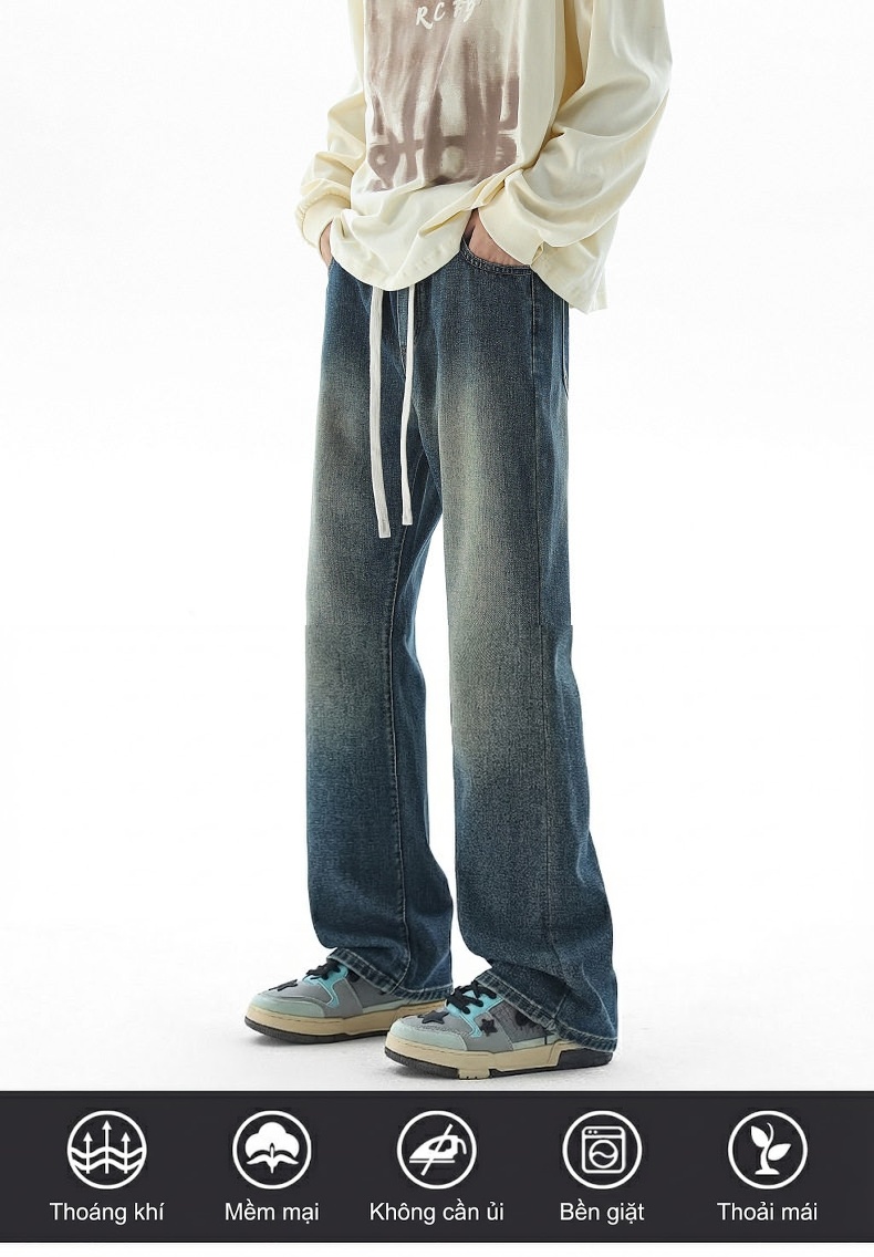 Quần Jeans Nam Ống Suông Micro Côn Dáng Ôm Vừa Thon Gọn Giặt Nước Màu Xanh Đậm, Xanh Nhạt chi tiết 1